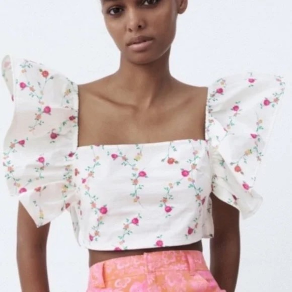 Zara Floral Crop Top Ruffle Sleeve Square Neck‎ Summer Blouse Size S